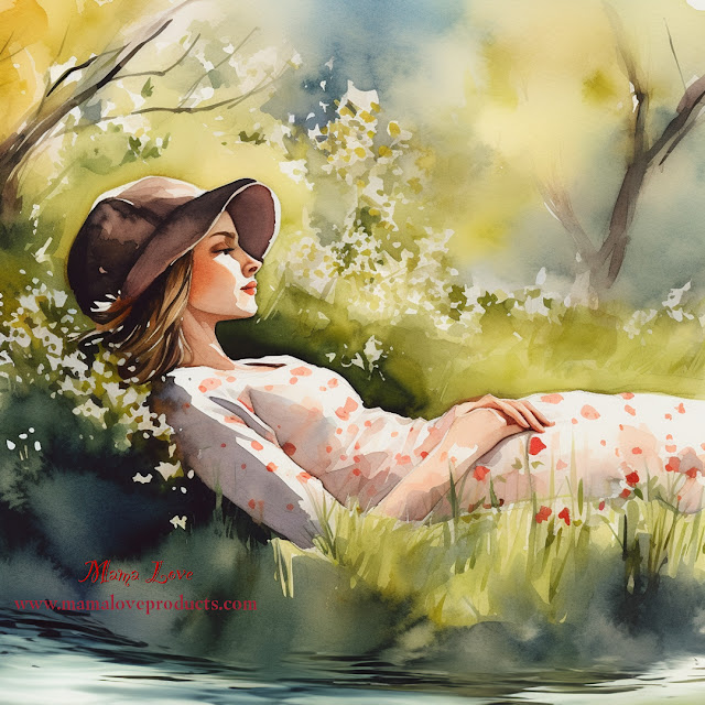 A woman relaxing next to flowing water