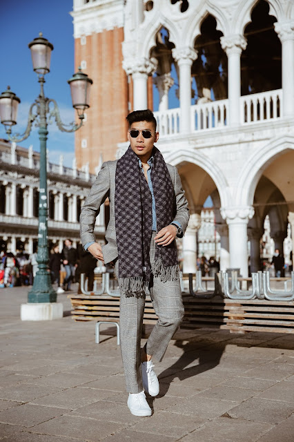 Leo Chan wearing Hart Schaffner Marx Suit on Vacation in Venice, Acne Scarf, Common Project Sneakers | Asian Male Model and Blogger