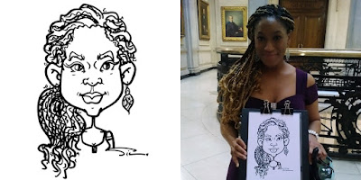 A live caricature portrait and a photo with a smiling female