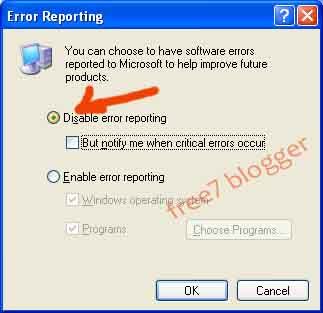 how to disable send error report in win xp