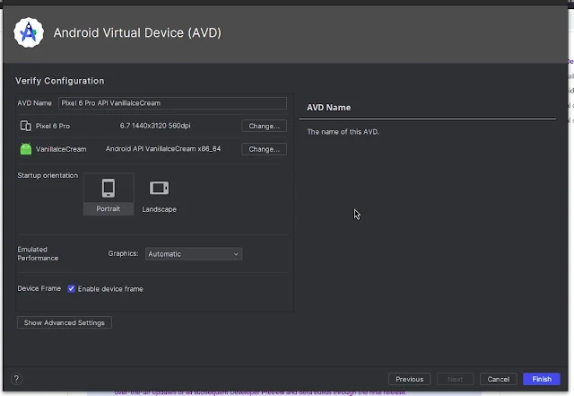 Virtual device settings to run android 15