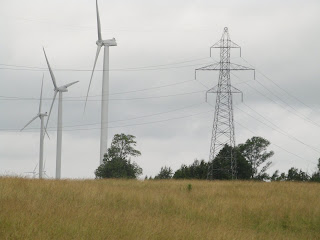 Wind turbines and electricity transmission towers