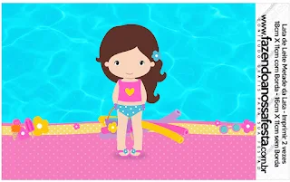 Brunette  Girl Pool Party Free Printable Labels.