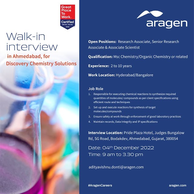 Aragen Life Sciences | Walk-in interview at Ahmedabad on 4th December 2022 for Hyderabad/ Bangalore location 