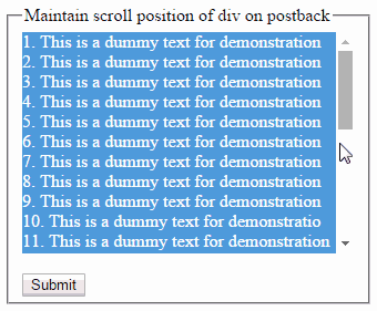 How to maintain scroll position of HTML Div on postback in Asp.Net ...