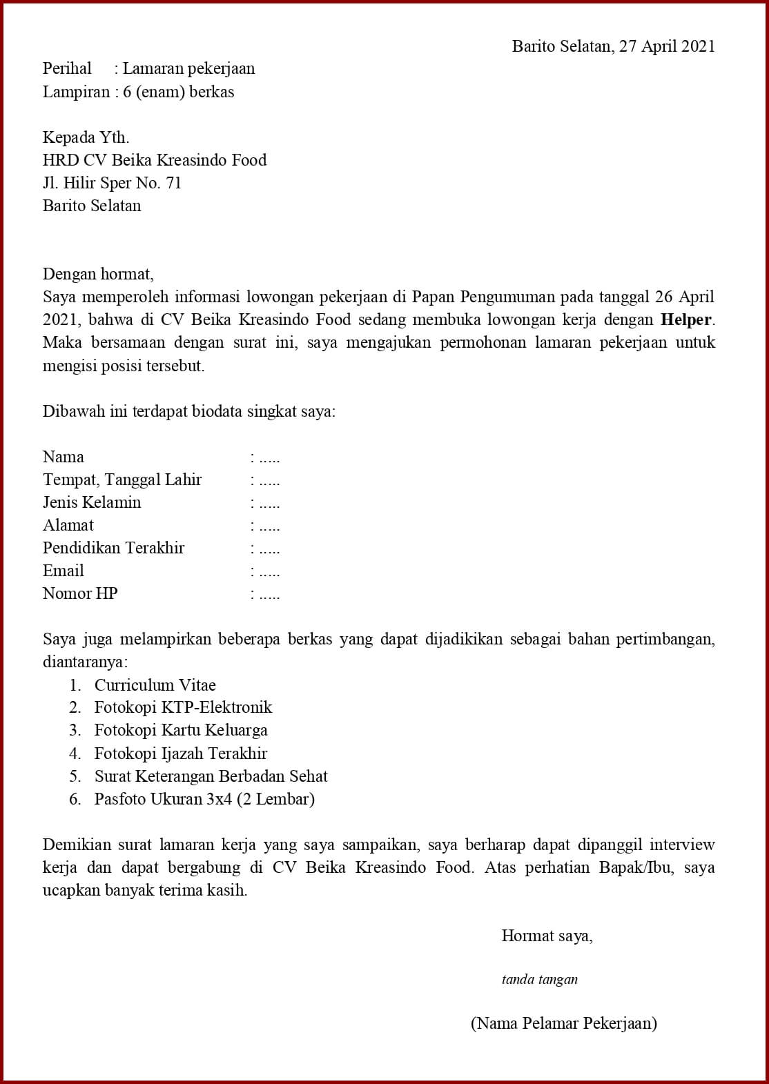 Contoh Application Letter Untuk Helper (Fresh Graduate) Berdasarkan Informasi Dari Media Cetak