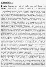 VIII Campeonato Femenino de Ajedrez de España, recorte de El Ajedrez Español nº 94, 31/3/1964