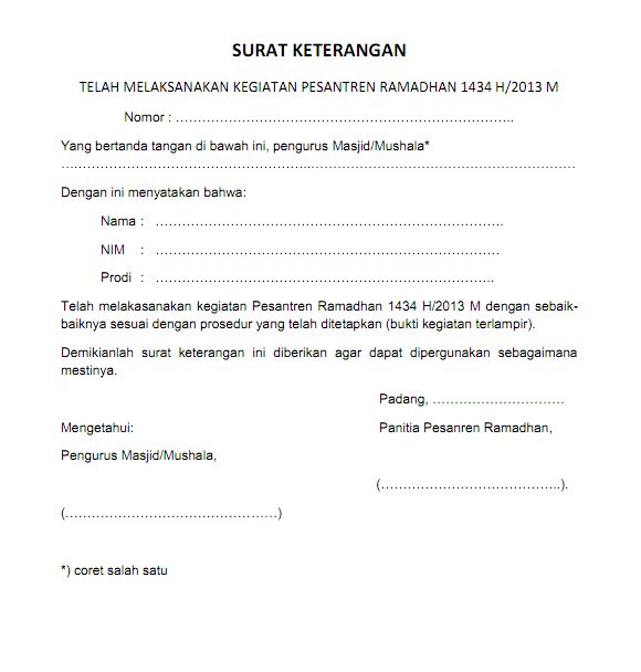 Contoh Format Surat Keterangan Telah melaksanakan Kegiatan 