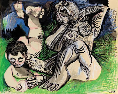  Pablo Picasso - Femme et jeune garçon nus, 1969, crayon gras et lavis sur papier, 50x65 cm 