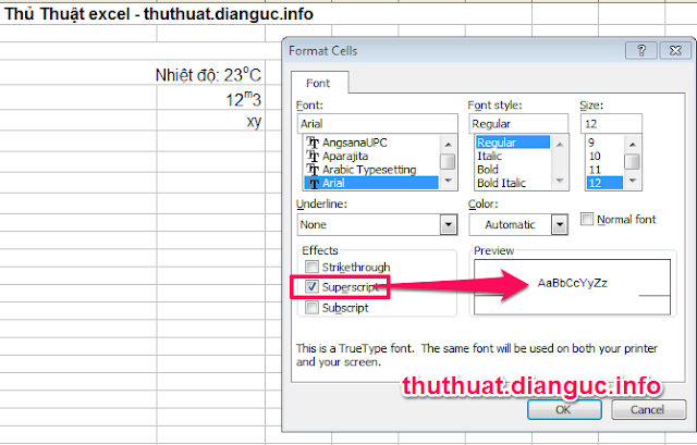 Đánh số mũ trong excel