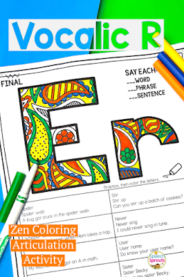 Zen coloring articulation activity for vocalic R practice in speech therapy. These no-prep printables are perfect in mixed groups. Click to see more!  #speechsprouts #articulation #speechtherapy #noprep