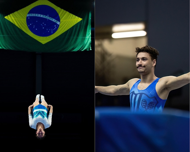 Na direita, Alice Gomes está flutuando de cabeça para baixo, acima está a bandeira do Brasil. Do lado direito, Rayan está no chão, com os dois braços abertos e sorrindo. Ele é moreno e tem bigode e está de regata azul