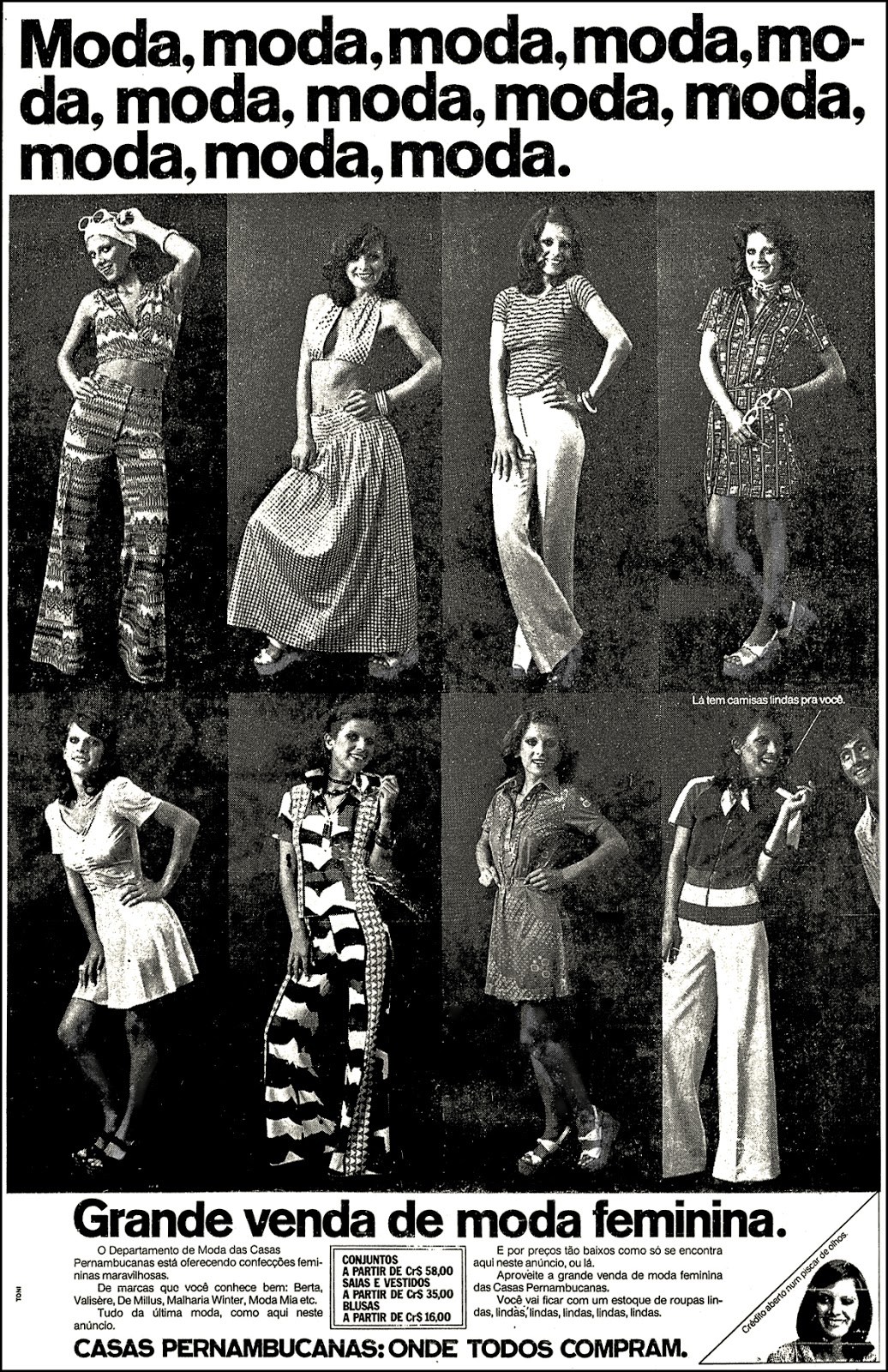 Propaganda antiga das Casas Pernambucanas com oferta de moda feminina em 1974