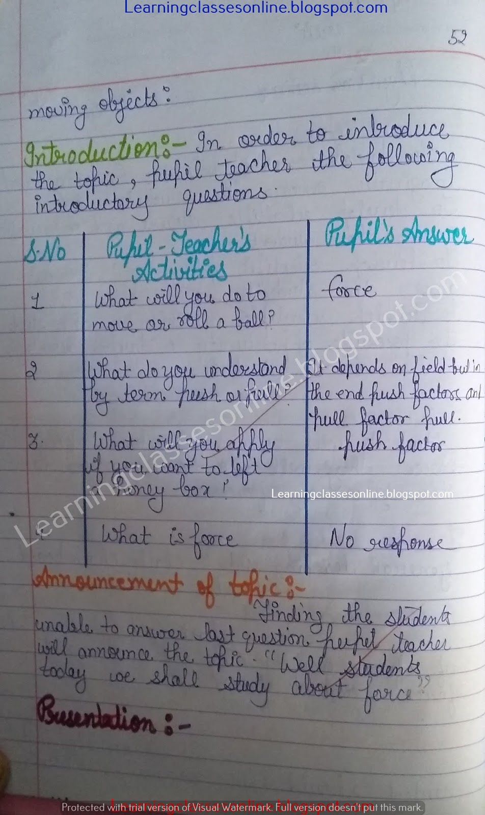 Science Lesson Plan on force, unit of force, muscular force, contact force and non-contact force for grade 6, 7 and 8 teachers