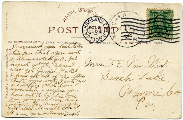 Back of the postcard including Forrest Van Wert's handwriting