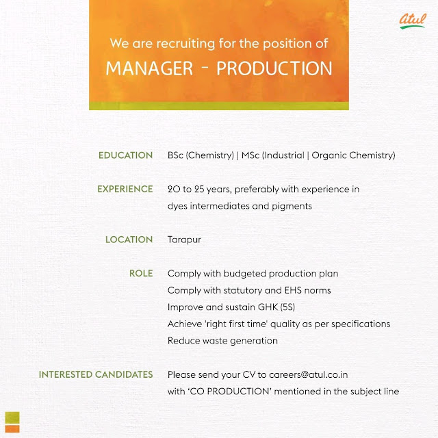 Job Availables, Atul Ltd Job Opening For Manager - Production