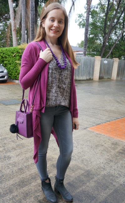 purple cardigan, printed sleeveless tank, Jeanswest grey cecile skinny jeans cuffed ankle boots | awayfromblue