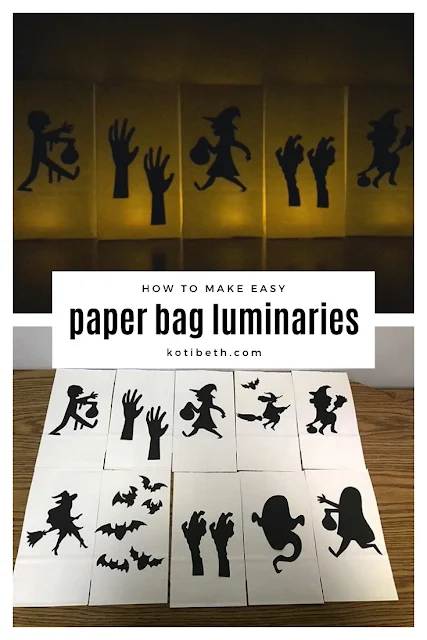 How to make easy DIY Halloween luminarties. These cute decorations are cheap to make with paper bags, tea lights, and cardstock.  Use these for home decor or for outdoor paths or porches if it's not raining. Need ideas for Halloween crafts?  These look cute!  Even kids can make them.  This also has free Halloween SVG files for your Cricut or Silhouette. #diy #halloween 