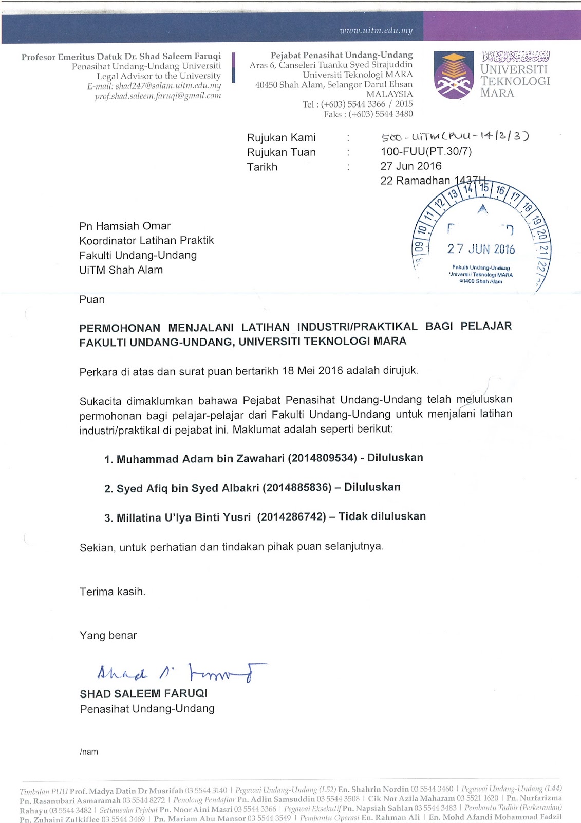 Contoh Surat Pengiring Uitm