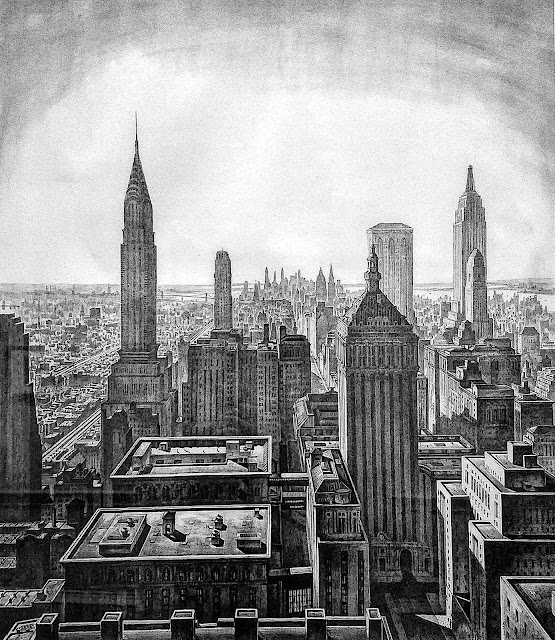 an Armin Landeck 1932 print, urban skyline