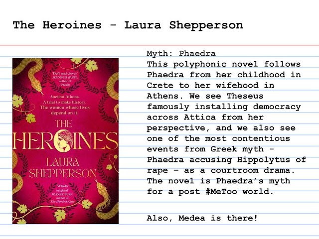 An Index card. The title is THE HEROINES BY LAURA SHEPPERSON. To the left of the card is an image of a book. The book is pink with gold decals of snakes and vines, with the title and author names in gold. To the right is the following text in a typewriter font:Myth: Phaedra   This polyphonic novel follows Phaedra from her childhood in Crete to her wifehood in Athens. We see Theseus famously installing democracy across Attica from her perspective, and we also see one of the most contentious events from Greek myth - Phaedra accusing Hippolytus of rape – as a courtroom drama. The novel is Phaedra’s myth for a post #MeToo world.   Also, Medea is there!