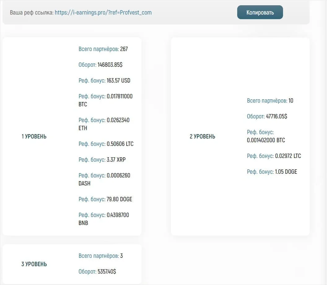 Реферальная статистика Earnings