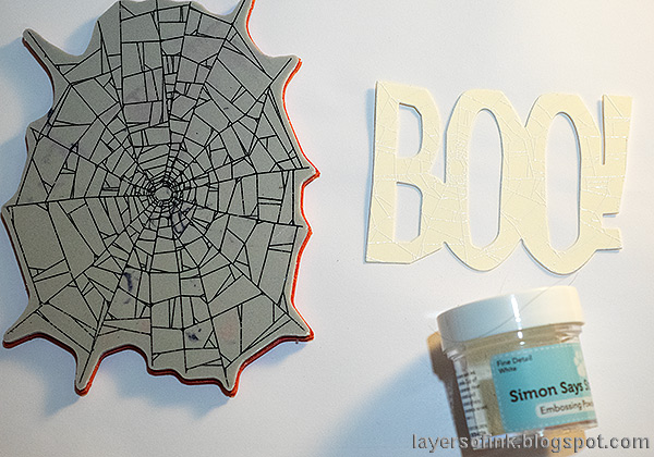 Layers of ink - Boo Halloween Card Tutorial by Anna-Karin Evaldsson. Die cut boo and stamp with a web stamp.