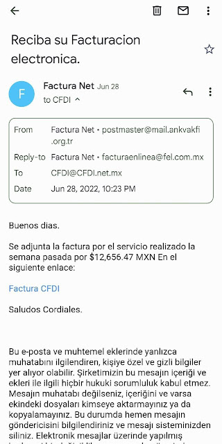 Ejemplo de correo malicioso "Factura"