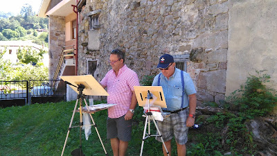 Valentin del Fresno y Manuel Alonso pintando en Espinaredo. Grupo Ultramar Acuarelistas