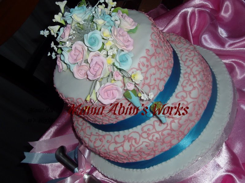 Lacy Pink with Blue Ribbon Wedding Cake Posted by MamaAbim 39s Passion at