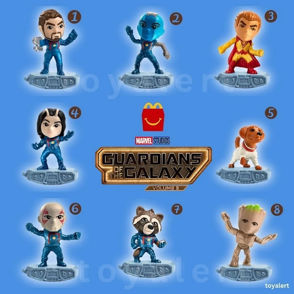 McDonalds Guardians of the Galaxy Toys Vol 3 2023 Happy Meal Set of 8 including 1 Star-Lord, 2 Nebula, 3 Adam Warlock, 4 Mantis, 5 Cosmo, 6 Drax, 7 Rocket and 8 Groot figures