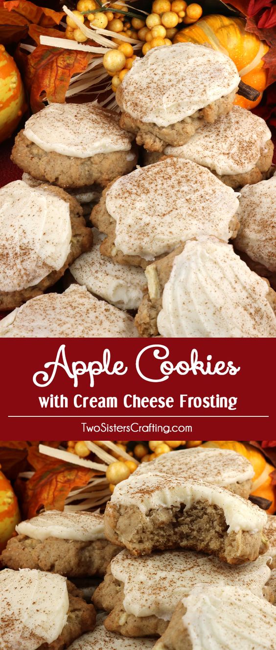 Apple Cookies with Cream Cheese Frosting are the perfect Fall Cookies and a wonderful choice for a Christmas Cookie Exchange. This cookie tastes just like Apple Pie which makes it a great Thanksgiving Dessert idea. And with the delicious frosting they will look beautiful on your Christmas Dessert Table. Pin this delicious cookie recipe for later and follow us for more great Christmas Food ideas.