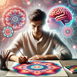 UMA HOMEM CONCETRADO COLORINDO UMA MANDALAS QUE ELE DESENHOU.