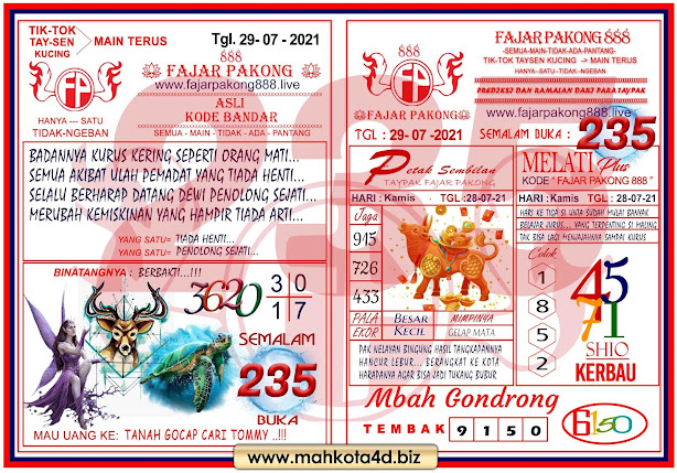 Syair Prediksi Fajar Pakong 888 Kamis, 29 - Juli - 2021