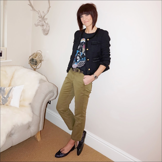 My Midlife Fashion, J Crew Lady Jacket, zara band t shirt, j crew cropped kick flare sammie chinos, french sole arabella black glitter ballet pumps