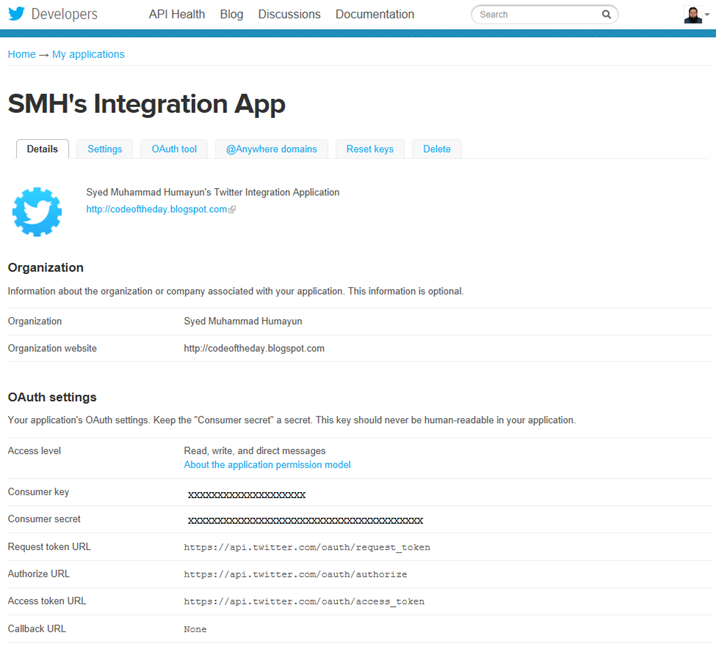 twitter developer apps details oauth settings