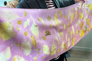 Naturally dyed wool scarf in pink and mustard tones