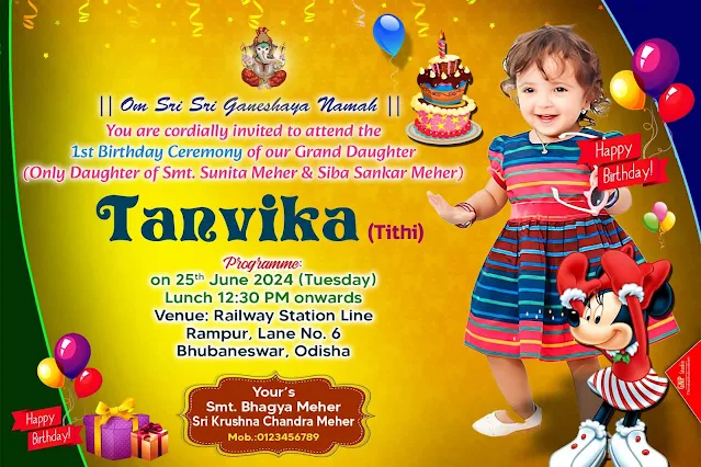 Elegant first birthday invitation template for a girl with Minnie Mouse and balloons. Title: First Birthday Invitation Template - Tanvika
