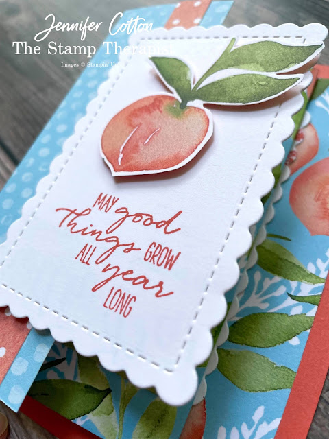 Peach Fan Fare card using Stampin' Up!'s You're a Peach Designer Series Paper (DSP).  The bundle is Dragonfly Wishes.   Select designer papers are 15% off through Aug 2, 2021.  www.StampTherapist.com #StampinUp #StampTherapist #DragonflyWishes