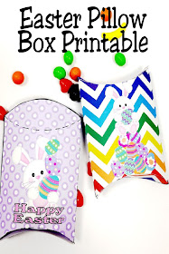 Quckly and easily print these Easter pillow boxes for a fun way to give sweets and treats to all your friends this Easter  These free printable pillow boxes have cute Easter Bunnies and fun colors to brighten up your Easter baskets. #easterbasketfiller #easterpillowboxfreeprintable #diypartymomblog