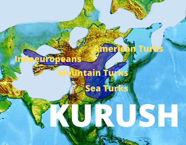 map of the originary group KURUSH of Mongolia: Sea Turks on the coasts, Mountain Turks in Mongolia, Indoeuropeans to Kazakhstan, and American Turks on the North coasts