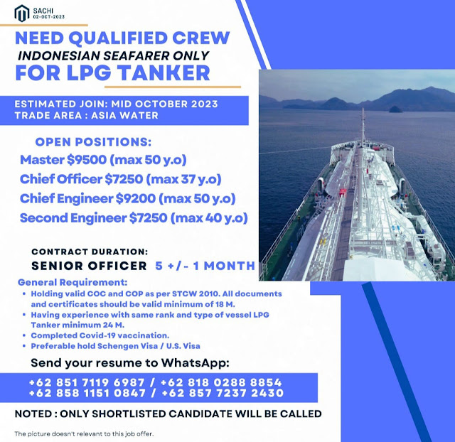 Job Pelaut Master, Chief Officer, KKM, 2nd Engineer LPG Tanker