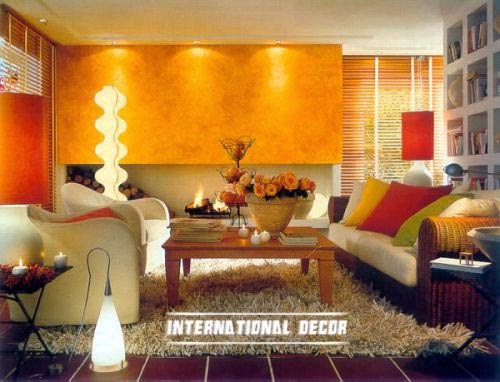 warm living room lighting and orange paint
