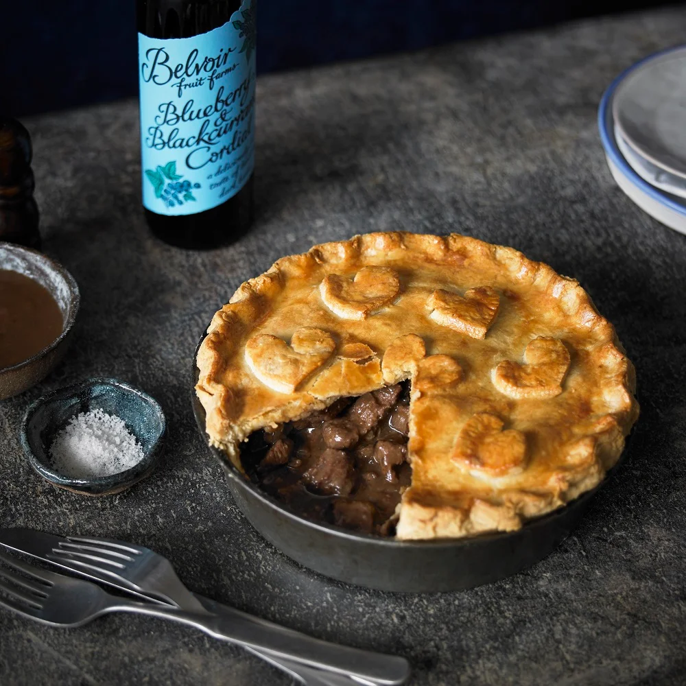 Beef Pie with Blueberry And Blackcurrant Cordial