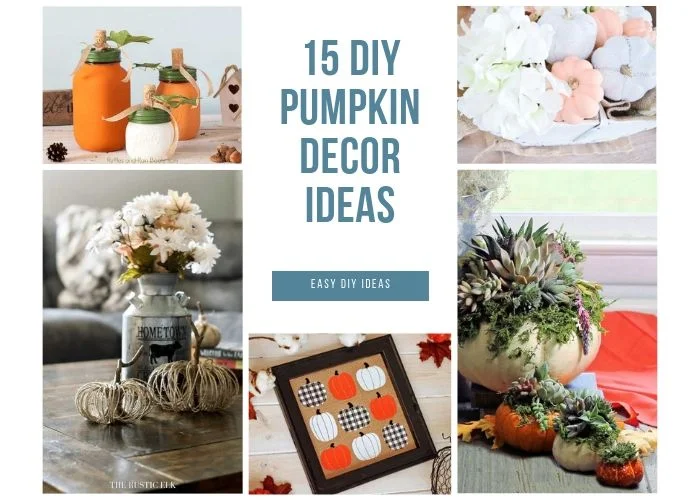 15 cute DIY pumpkin decor ideas. Get ideas for easy and cheap DIY fall decor projects for indoor or outdoor for front porches. These crafts can decorate the home or make them to sell. Use them as centerpieces or for living room. These tutorials are rustic and great for farmhouse decor on a budget. Tutorials for simple projects for the home with wood or fabric or yarn. Some use a Cricut.  #fall #pumpkin #diy