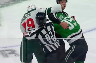 Brandon Baddock accidentally punches linesman in jaw, Wild vs. Stars, 9/29/2022