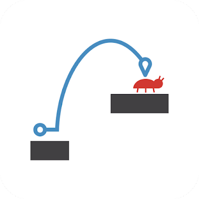 A simple vector image showing a jump navigation trajectory from one platform to another and landing on a bug.