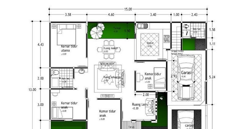 denah rumah ukuran 13x15 modern