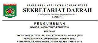 Menindaklanjuti pengumuman hasil seleksi administrasi Calon Pegawai Negeri Sipil Pemerinta Jadwal Tes SKD CPNS Kabupaten Lombok Utara