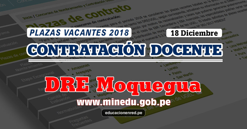 DRE Moquegua: Plazas Vacantes Contrato Docente 2018 (.PDF) www.dremoquegua.gob.pe